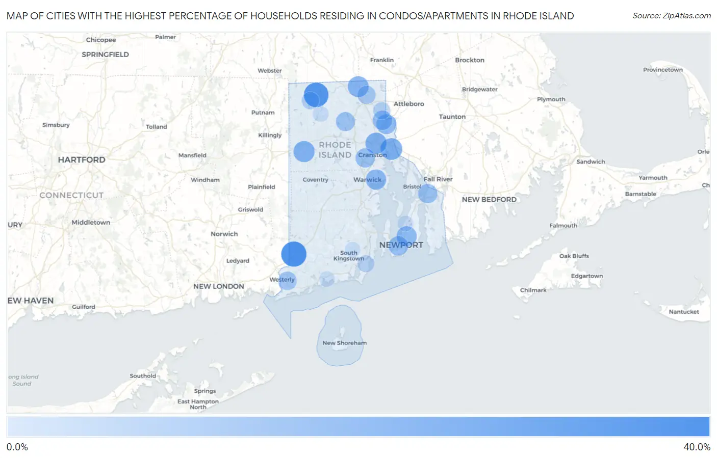 Cities with the Highest Percentage of Households Residing in Condos/Apartments in Rhode Island Map