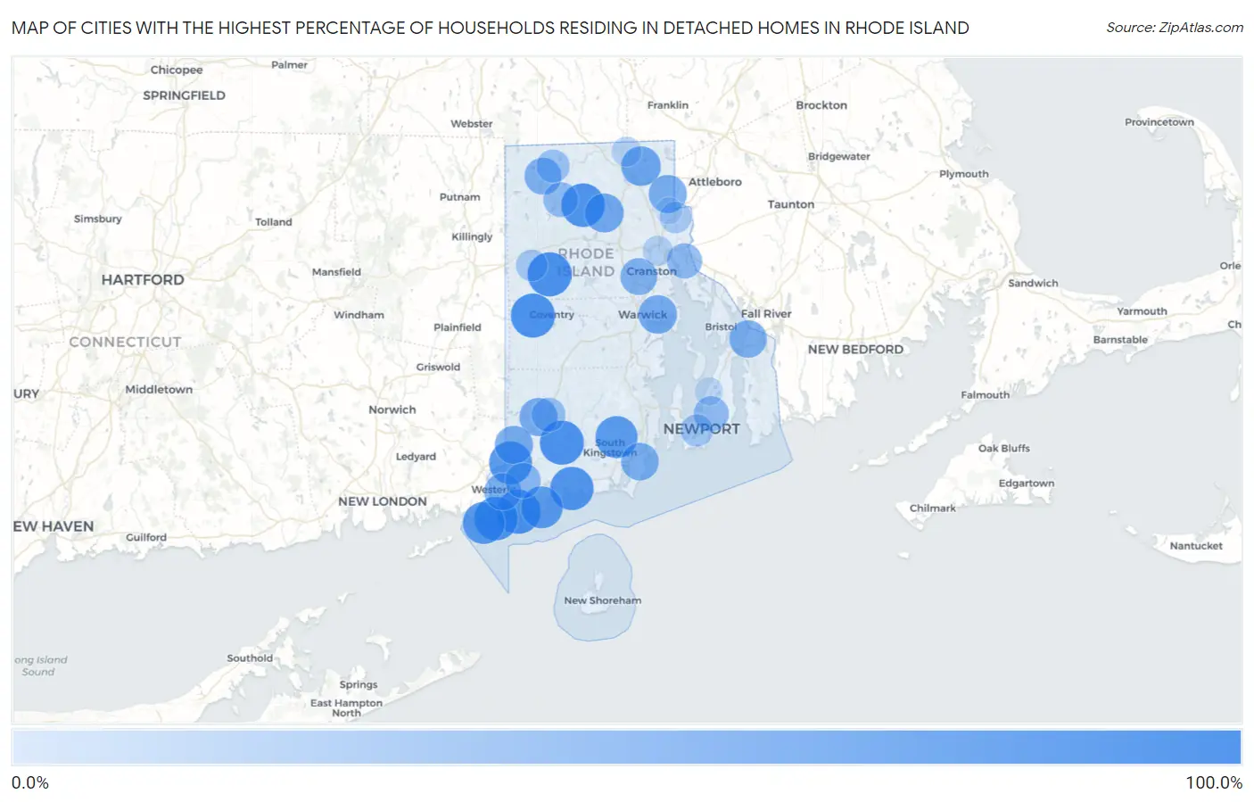 Cities with the Highest Percentage of Households Residing in Detached Homes in Rhode Island Map