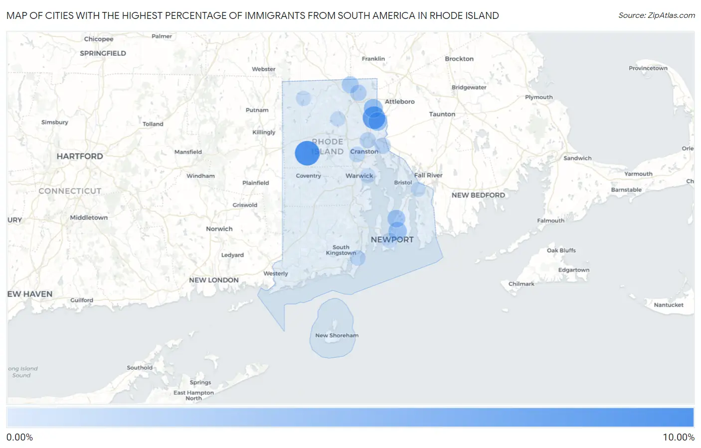 Cities with the Highest Percentage of Immigrants from South America in Rhode Island Map
