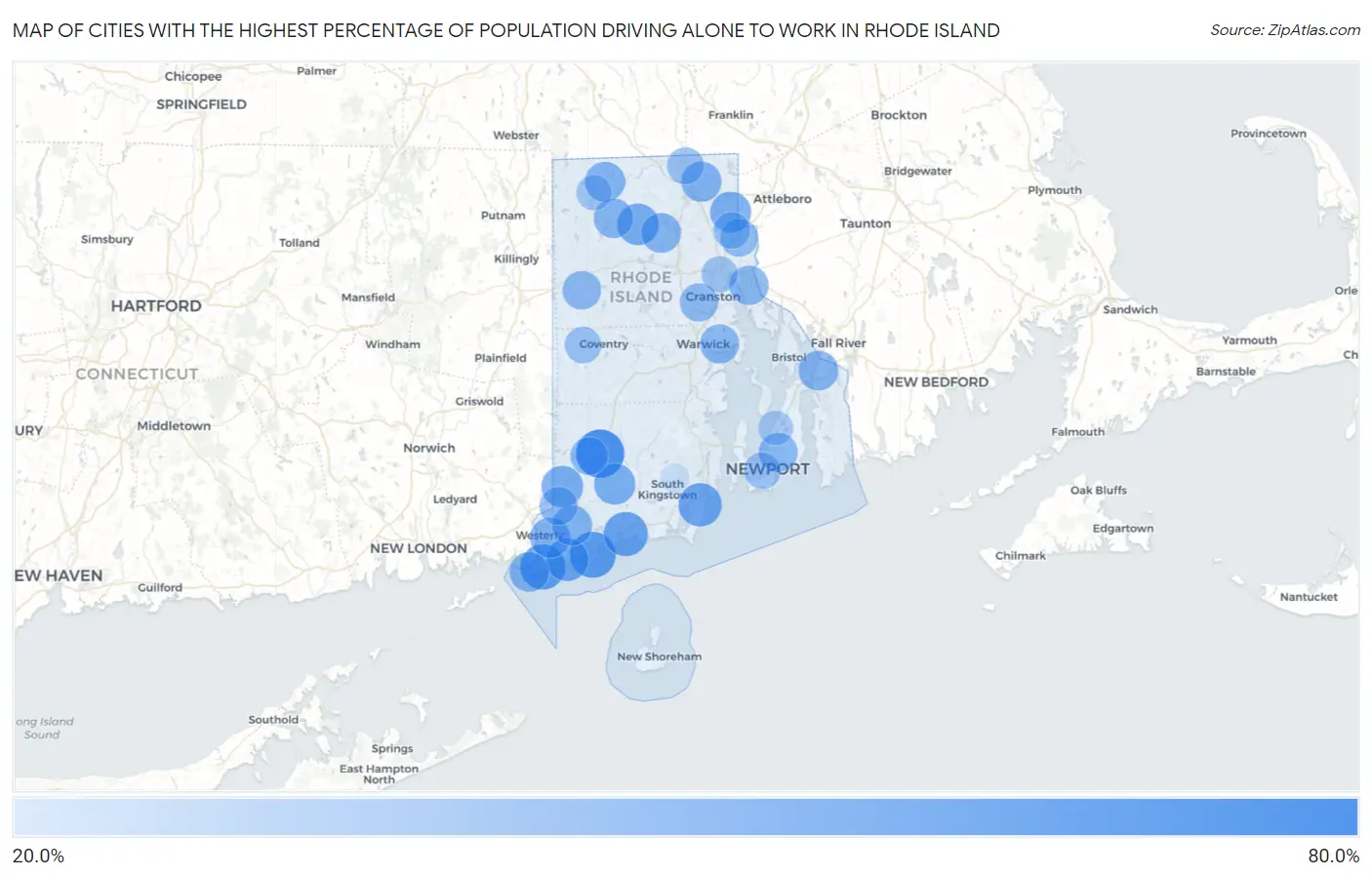 Cities with the Highest Percentage of Population Driving Alone to Work in Rhode Island Map