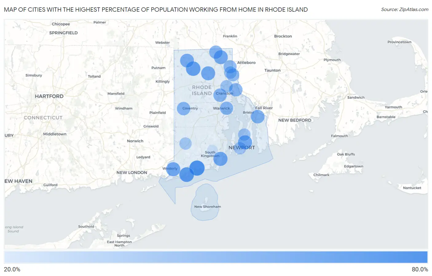 Cities with the Highest Percentage of Population Working from Home in Rhode Island Map