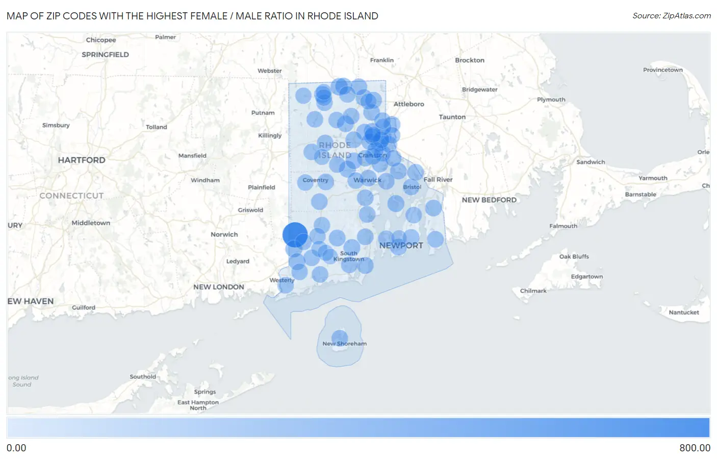 Zip Codes with the Highest Female / Male Ratio in Rhode Island Map