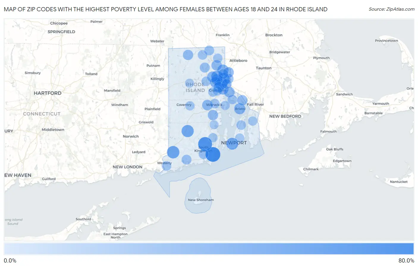 Zip Codes with the Highest Poverty Level Among Females Between Ages 18 and 24 in Rhode Island Map