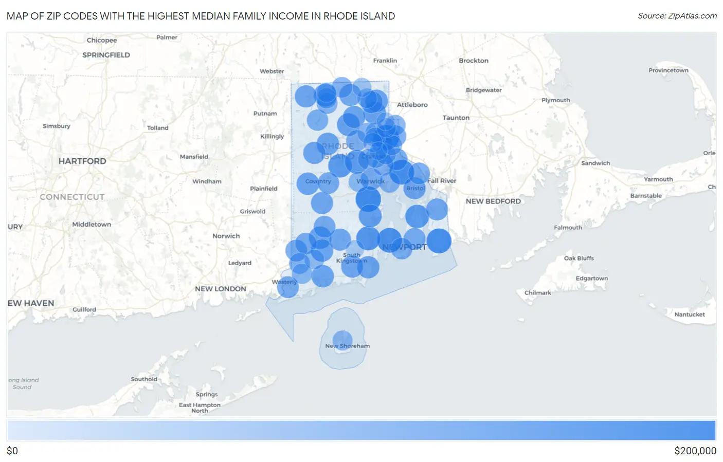Zip Codes with the Highest Median Family Income in Rhode Island Map