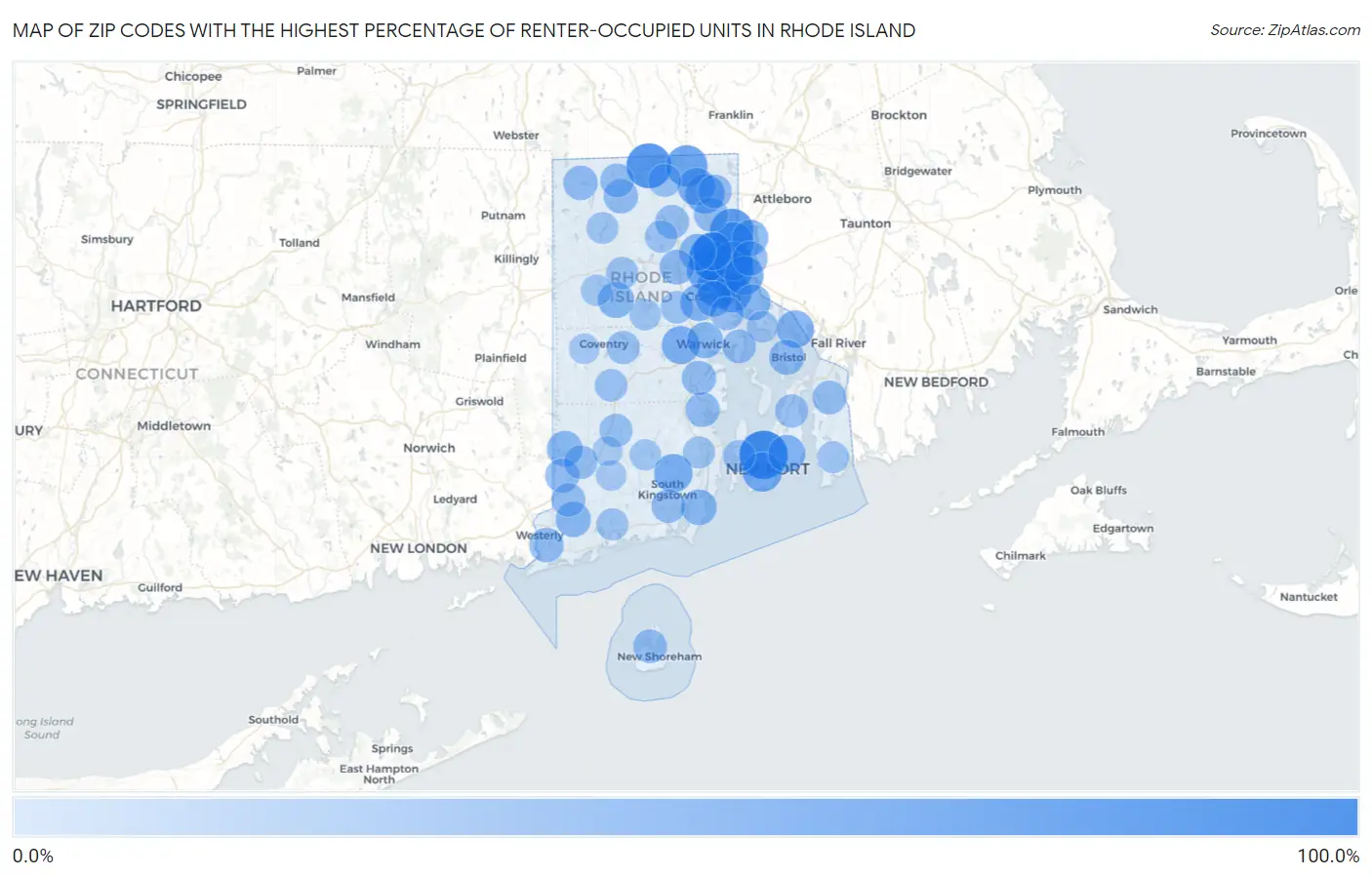 Zip Codes with the Highest Percentage of Renter-Occupied Units in Rhode Island Map