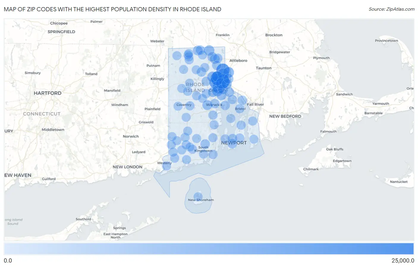 Zip Codes with the Highest Population Density in Rhode Island Map