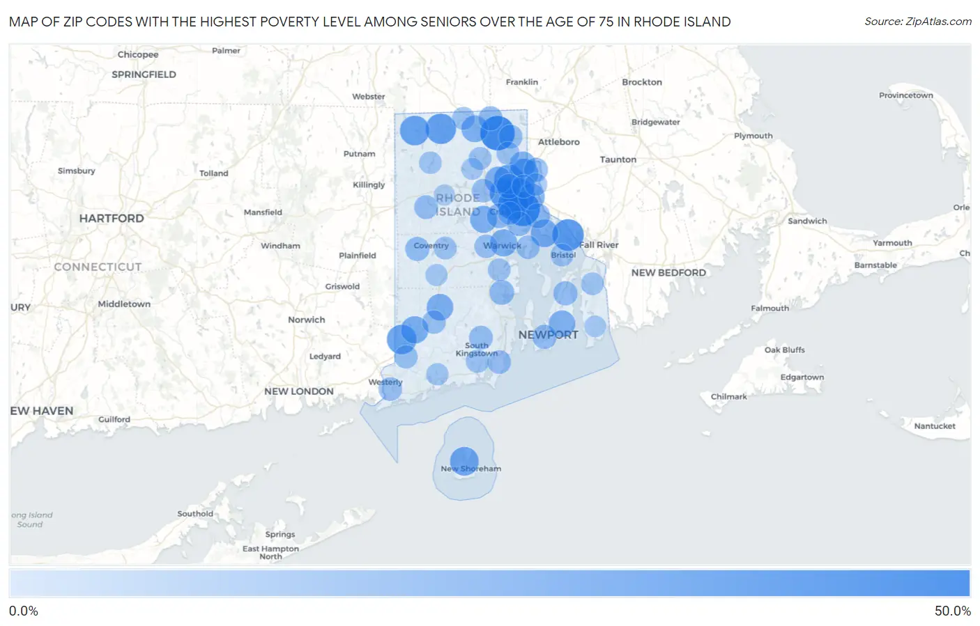Zip Codes with the Highest Poverty Level Among Seniors Over the Age of 75 in Rhode Island Map