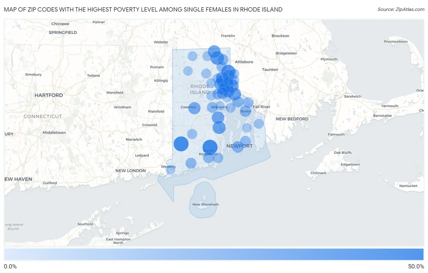 Zip Codes with the Highest Poverty Level Among Single Females in Rhode Island Map
