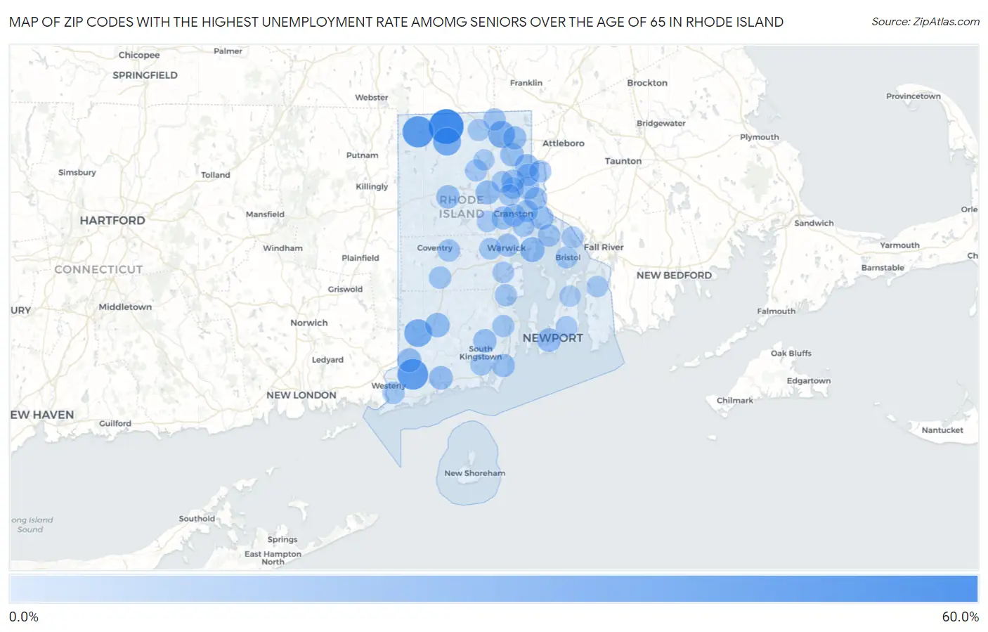 Zip Codes with the Highest Unemployment Rate Amomg Seniors Over the Age of 65 in Rhode Island Map