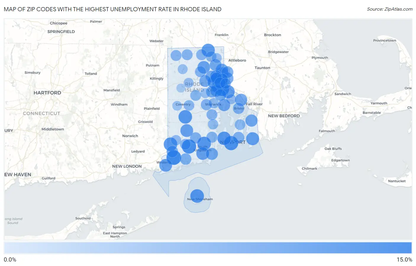 Zip Codes with the Highest Unemployment Rate in Rhode Island Map
