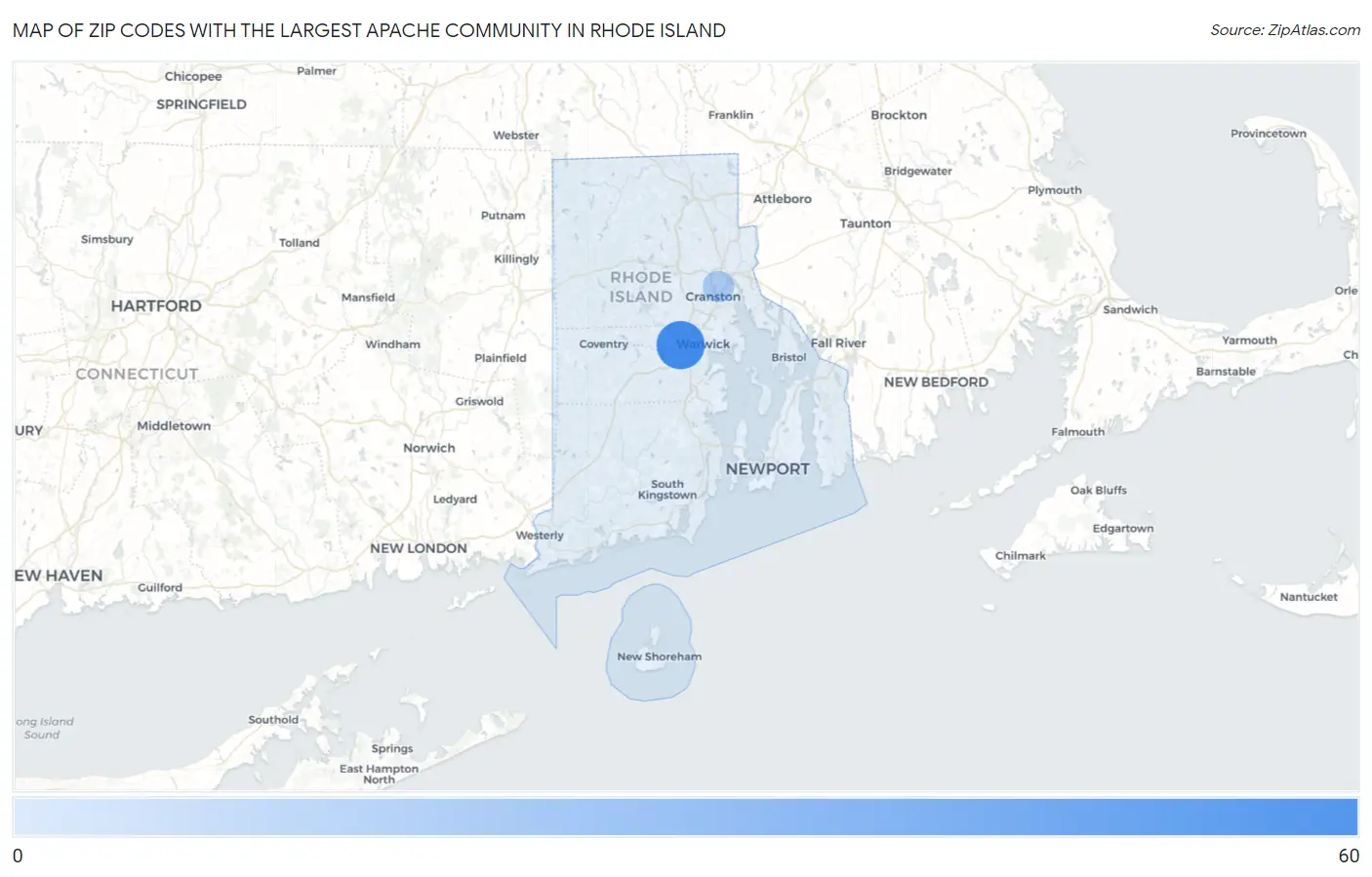 Zip Codes with the Largest Apache Community in Rhode Island Map