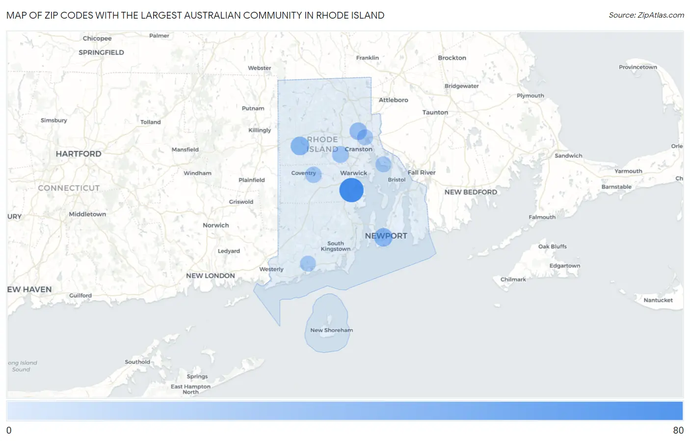 Zip Codes with the Largest Australian Community in Rhode Island Map