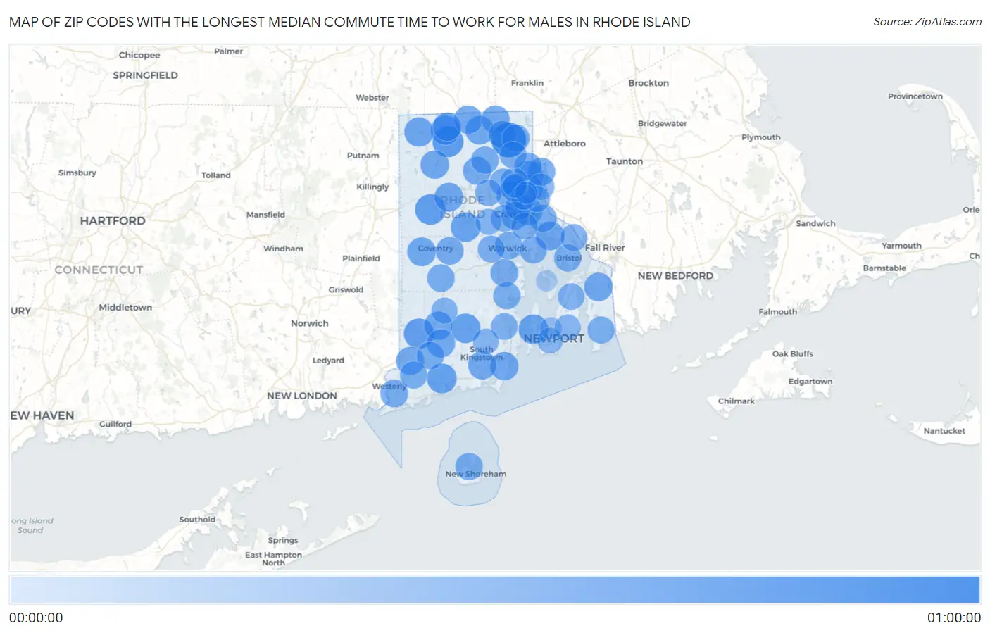 Zip Codes with the Longest Median Commute Time to Work for Males in Rhode Island Map