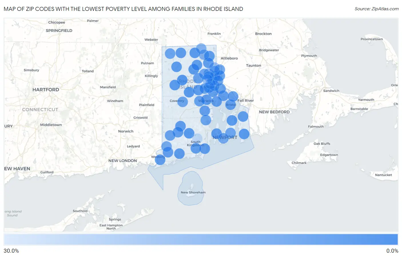 Zip Codes with the Lowest Poverty Level Among Families in Rhode Island Map