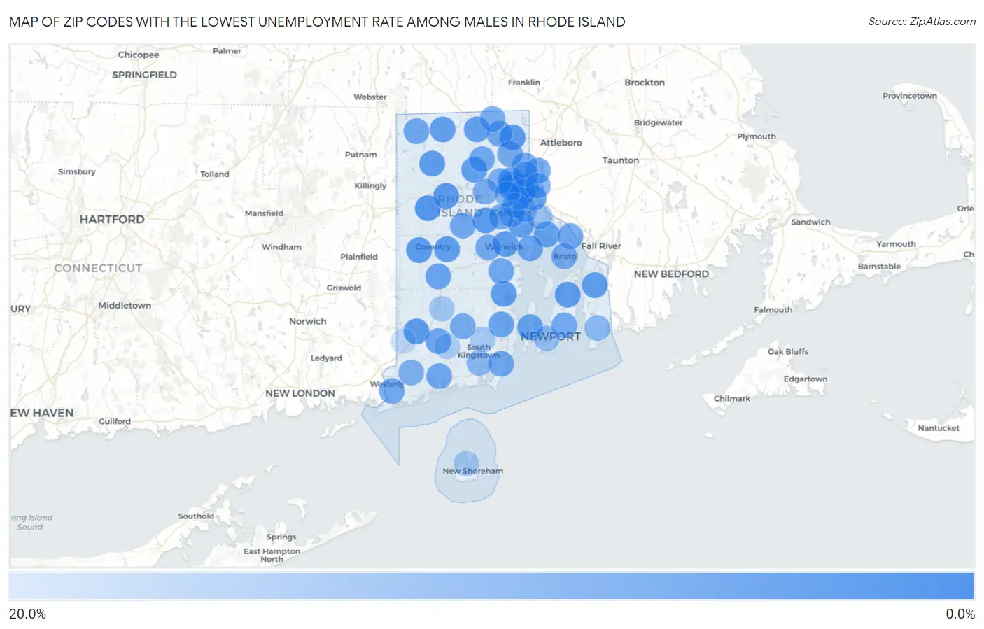 Zip Codes with the Lowest Unemployment Rate Among Males in Rhode Island Map