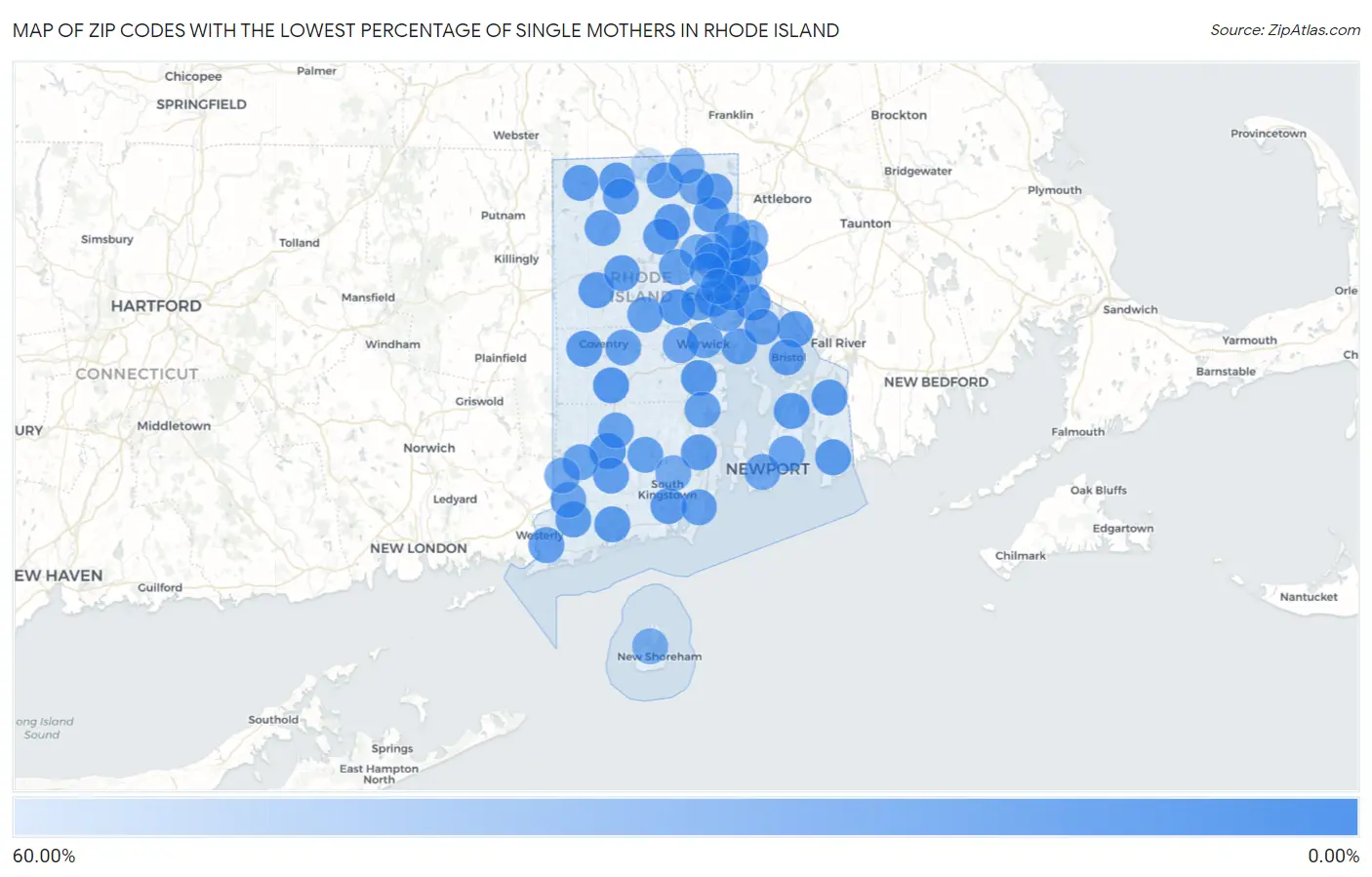 Zip Codes with the Lowest Percentage of Single Mothers in Rhode Island Map