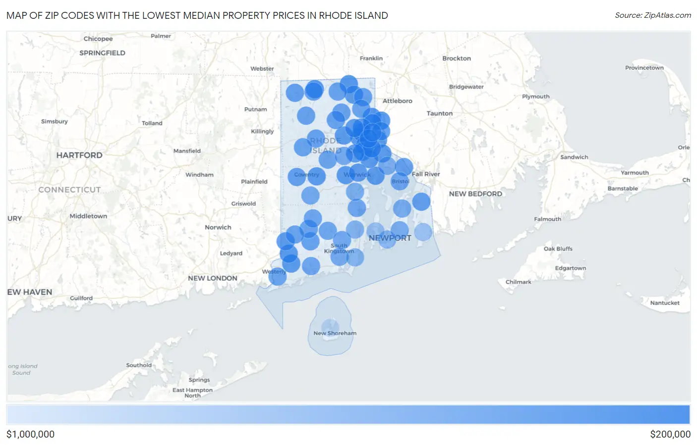 Zip Codes with the Lowest Median Property Prices in Rhode Island Map