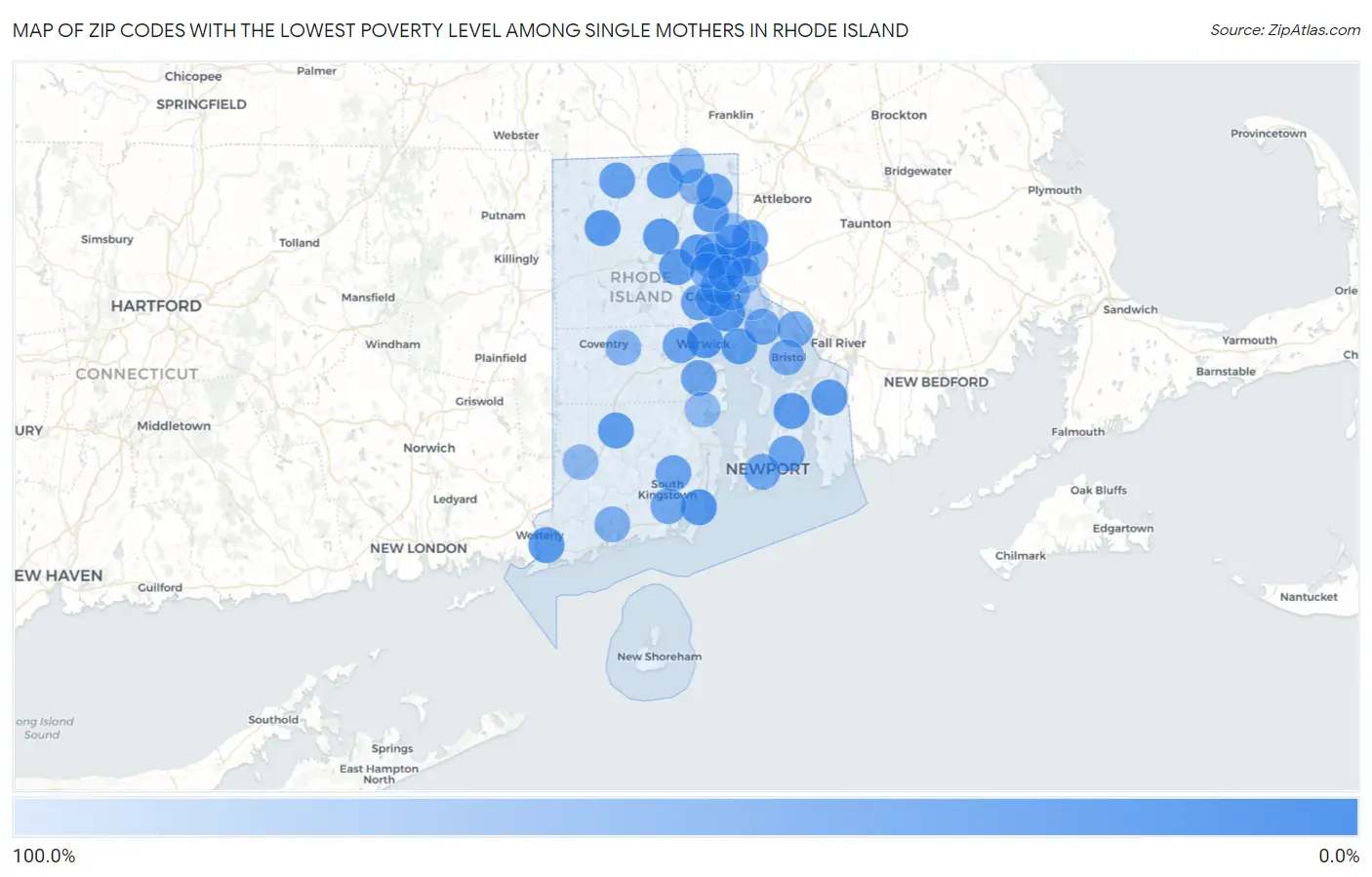 Zip Codes with the Lowest Poverty Level Among Single Mothers in Rhode Island Map