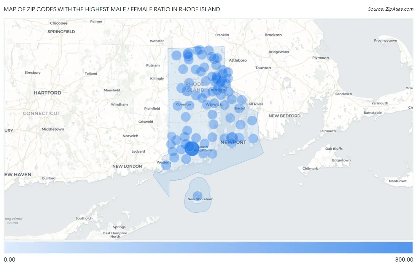 Zip Codes with the Highest Male / Female Ratio in Rhode Island Map