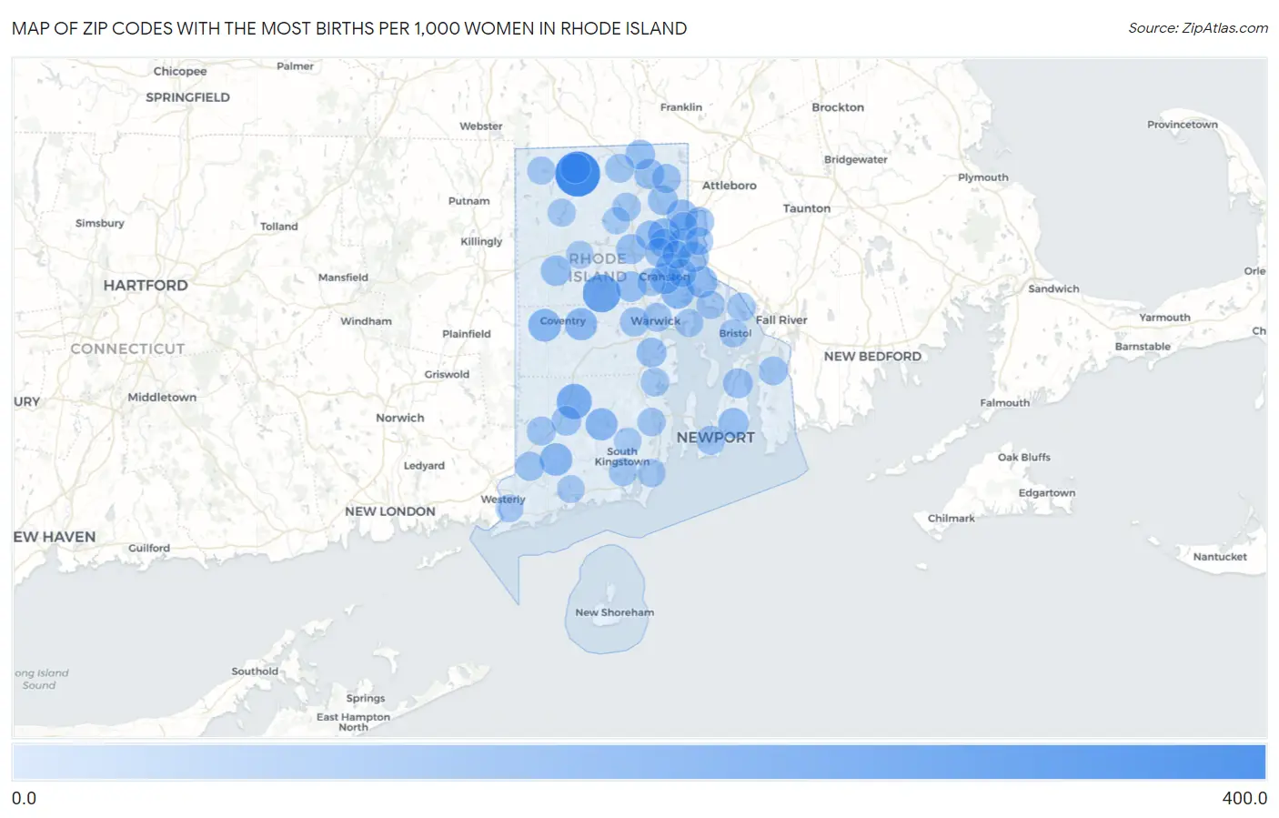 Zip Codes with the Most Births per 1,000 Women in Rhode Island Map