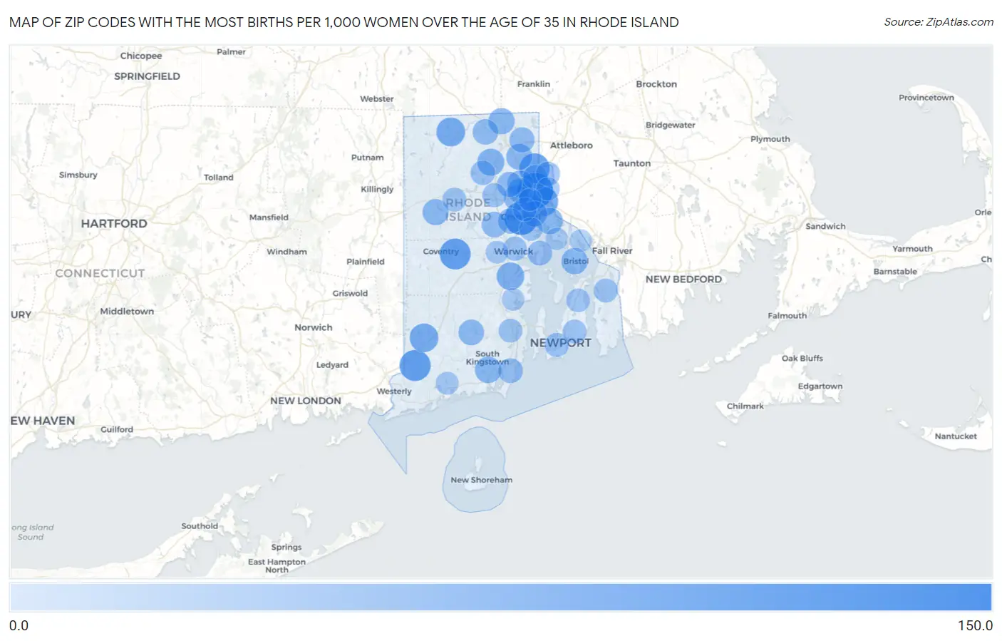 Zip Codes with the Most Births per 1,000 Women Over the Age of 35 in Rhode Island Map
