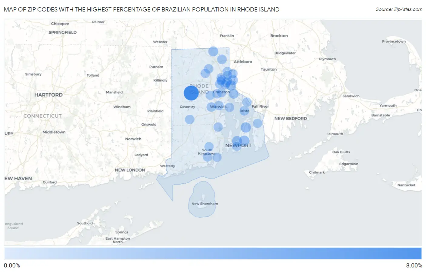 Zip Codes with the Highest Percentage of Brazilian Population in Rhode Island Map