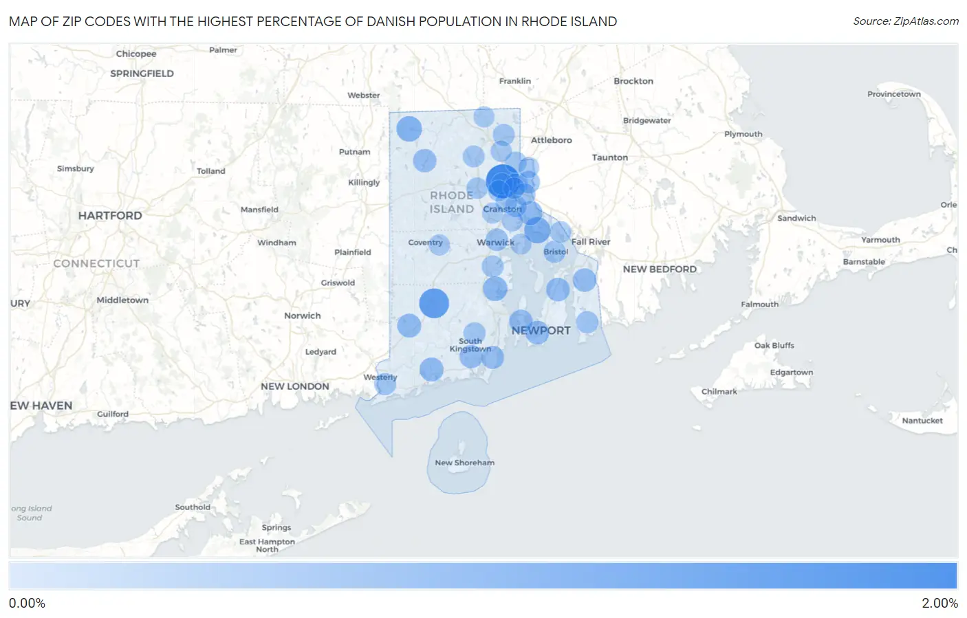 Zip Codes with the Highest Percentage of Danish Population in Rhode Island Map