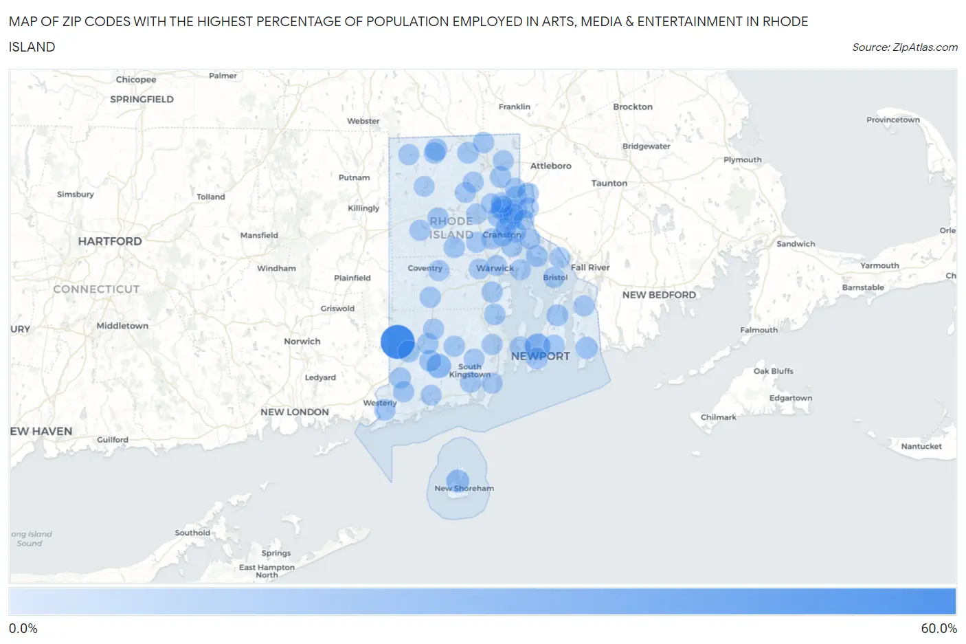 Zip Codes with the Highest Percentage of Population Employed in Arts, Media & Entertainment in Rhode Island Map