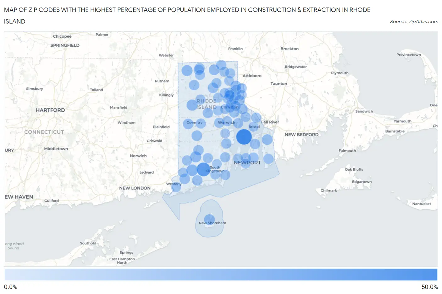 Zip Codes with the Highest Percentage of Population Employed in Construction & Extraction in Rhode Island Map