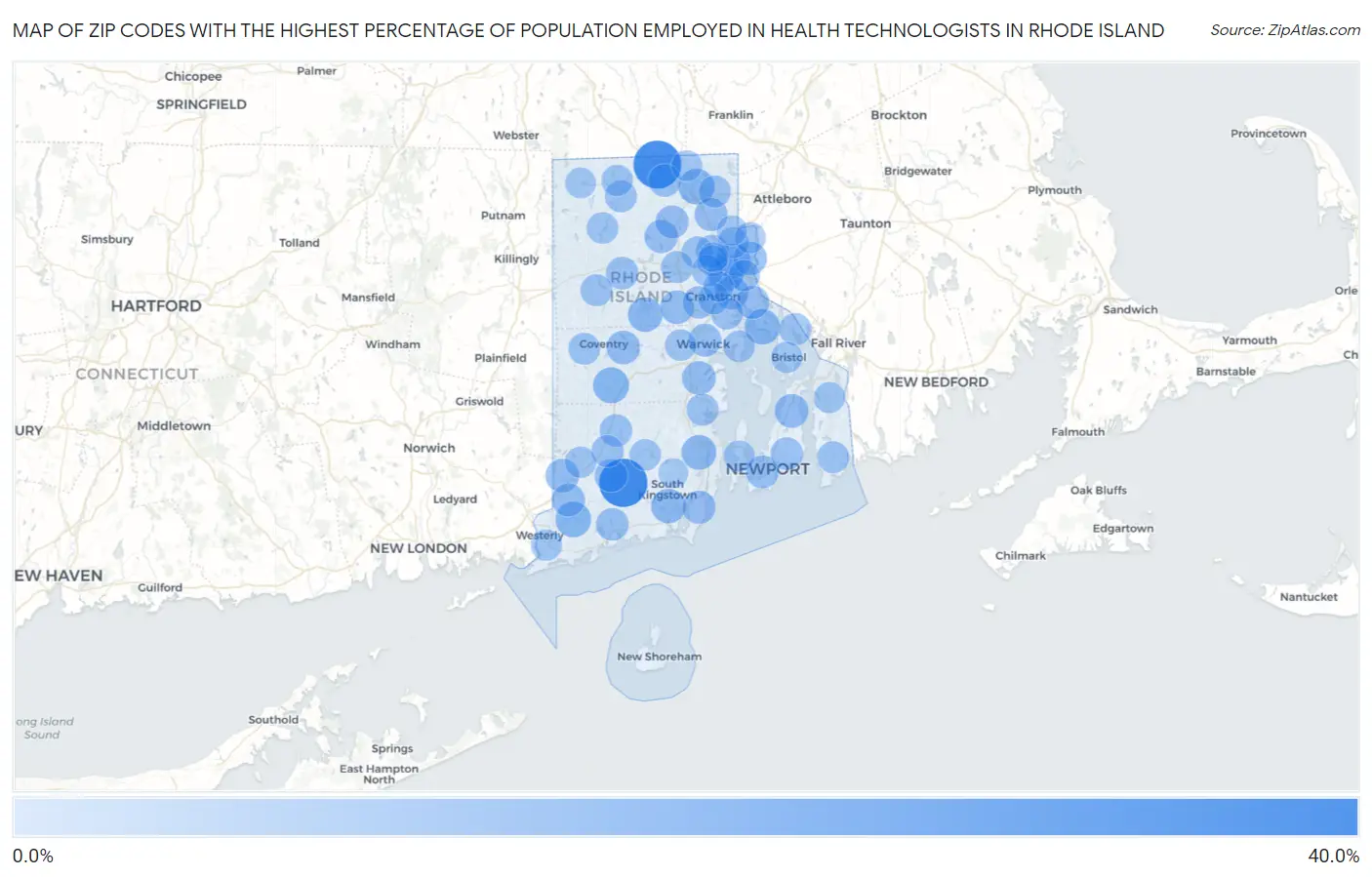 Zip Codes with the Highest Percentage of Population Employed in Health Technologists in Rhode Island Map