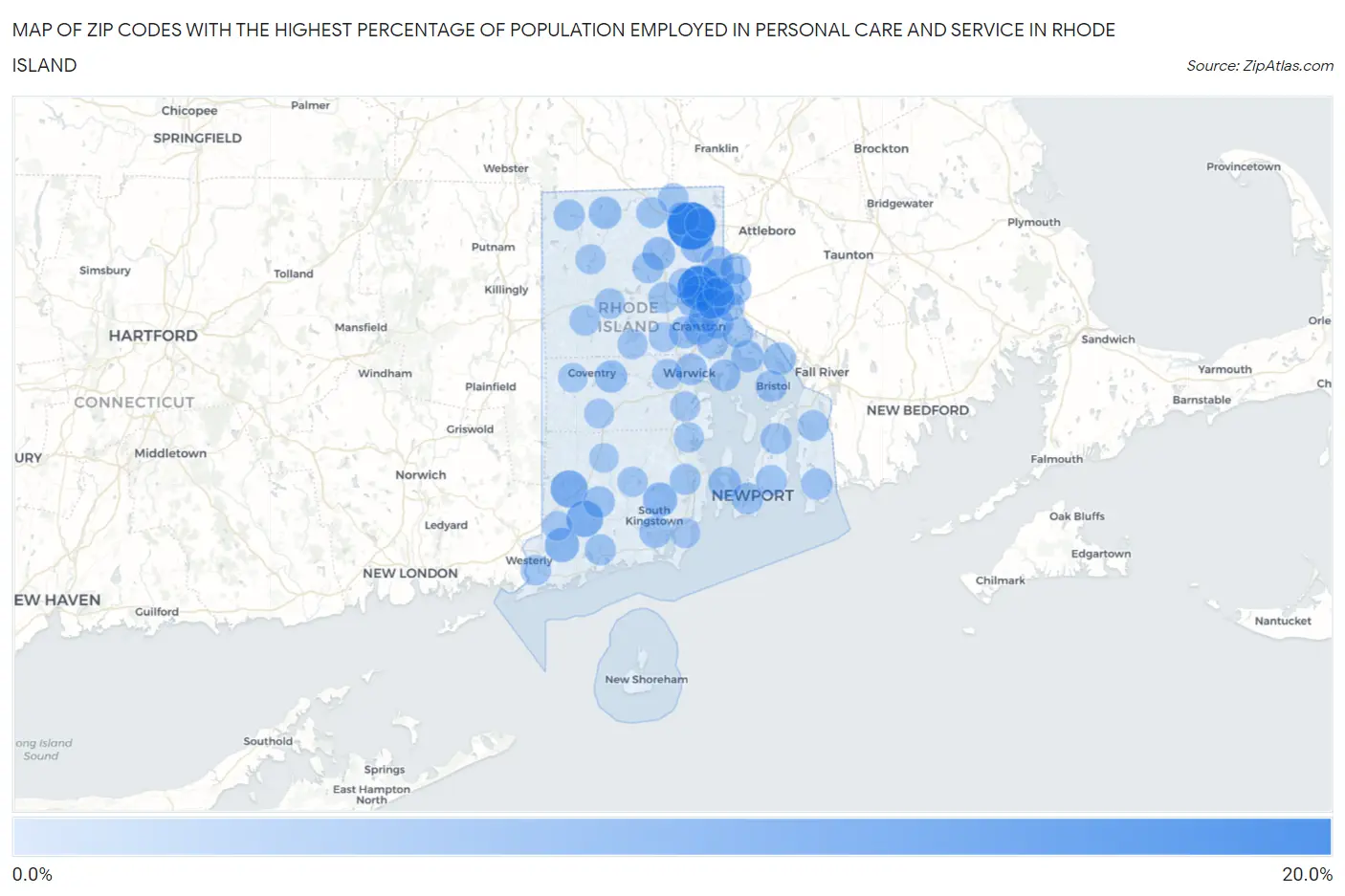 Zip Codes with the Highest Percentage of Population Employed in Personal Care and Service in Rhode Island Map