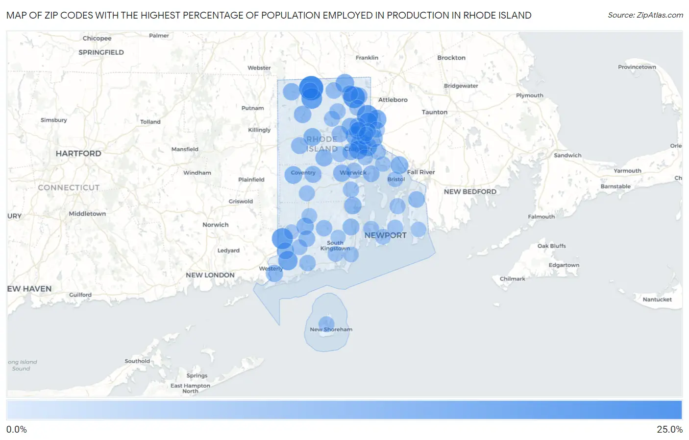 Zip Codes with the Highest Percentage of Population Employed in Production in Rhode Island Map