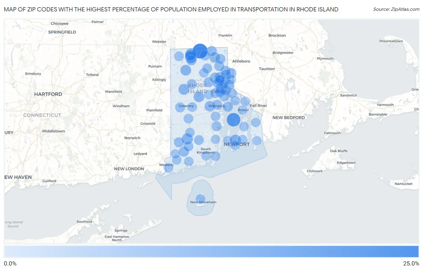 Zip Codes with the Highest Percentage of Population Employed in Transportation in Rhode Island Map
