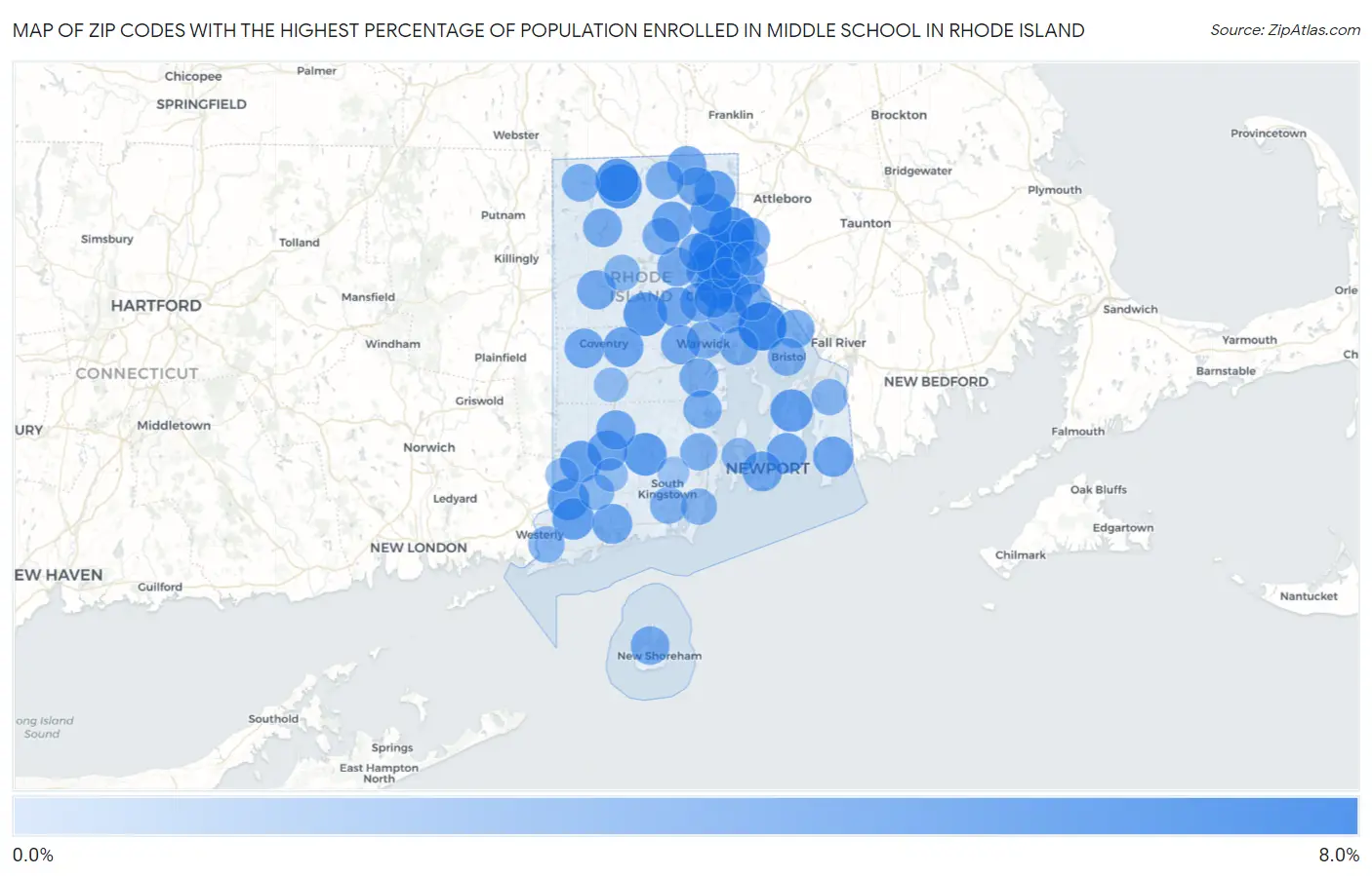 Zip Codes with the Highest Percentage of Population Enrolled in Middle School in Rhode Island Map
