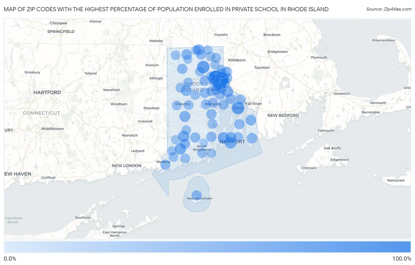 Zip Codes with the Highest Percentage of Population Enrolled in Private School in Rhode Island Map