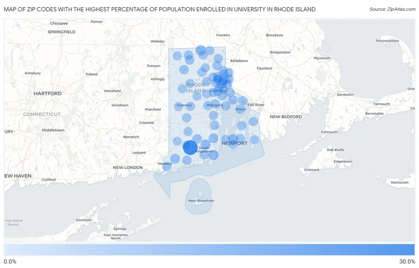 Zip Codes with the Highest Percentage of Population Enrolled in University in Rhode Island Map