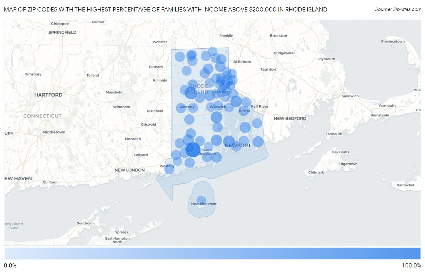 Zip Codes with the Highest Percentage of Families with Income Above $200,000 in Rhode Island Map