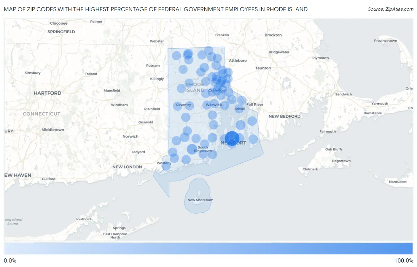 Zip Codes with the Highest Percentage of Federal Government Employees in Rhode Island Map