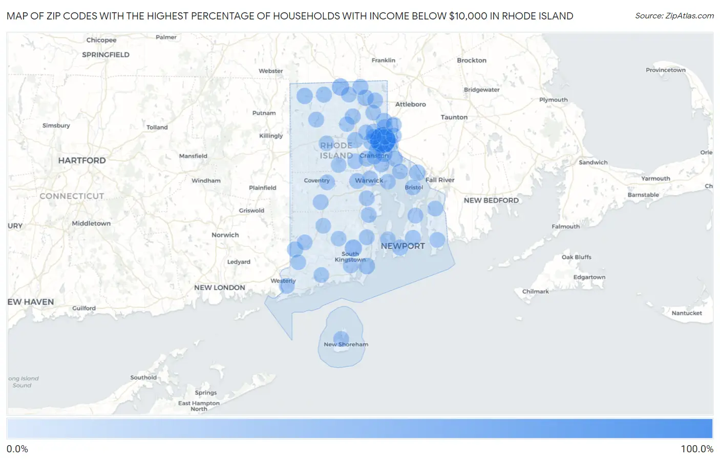Zip Codes with the Highest Percentage of Households with Income Below $10,000 in Rhode Island Map