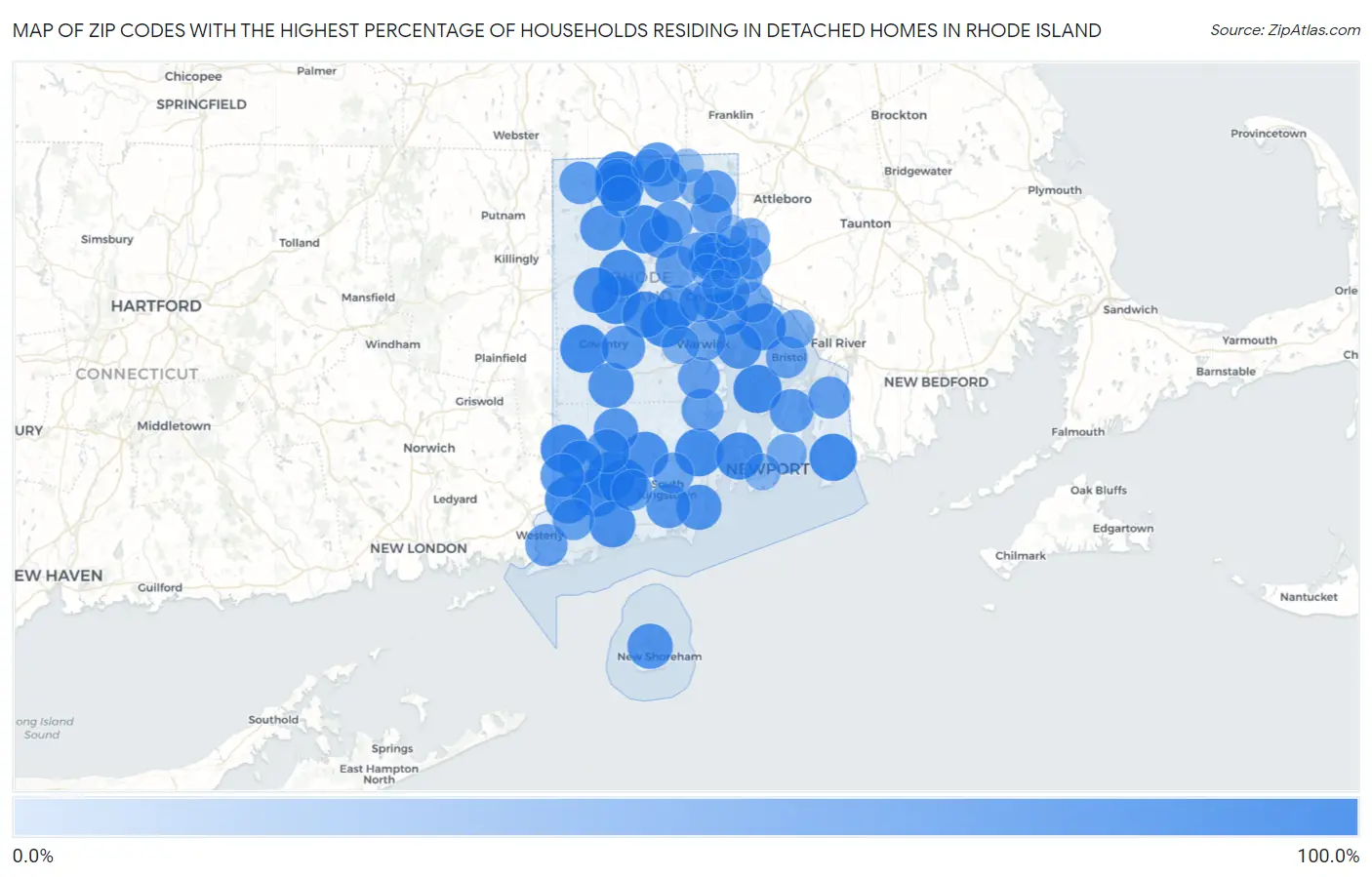 Zip Codes with the Highest Percentage of Households Residing in Detached Homes in Rhode Island Map
