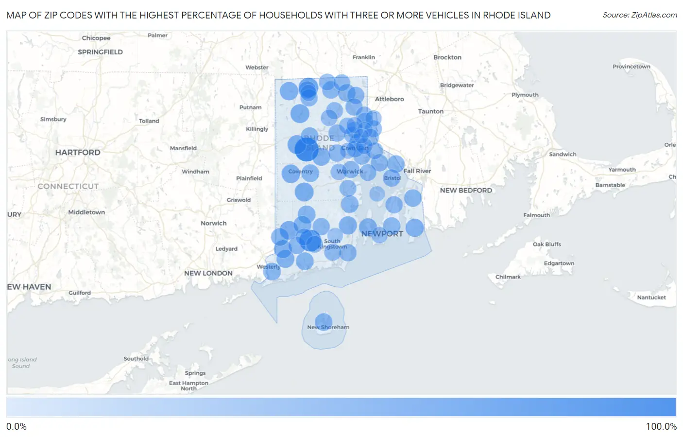 Zip Codes with the Highest Percentage of Households With Three or more Vehicles in Rhode Island Map