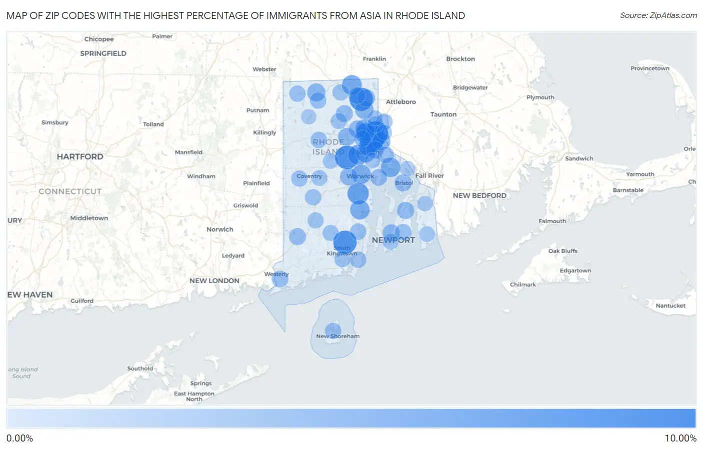 Zip Codes with the Highest Percentage of Immigrants from Asia in Rhode Island Map