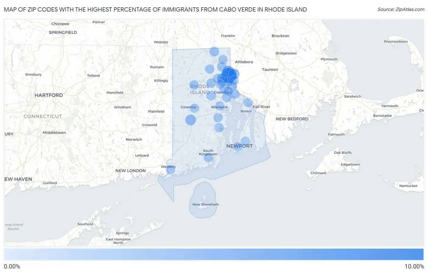 Zip Codes with the Highest Percentage of Immigrants from Cabo Verde in Rhode Island Map