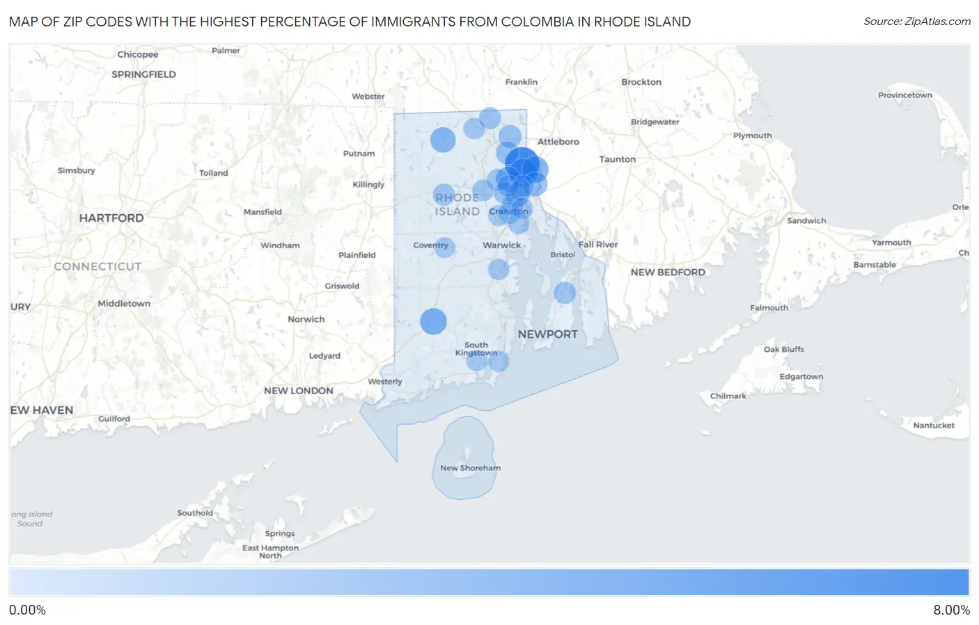 Zip Codes with the Highest Percentage of Immigrants from Colombia in Rhode Island Map