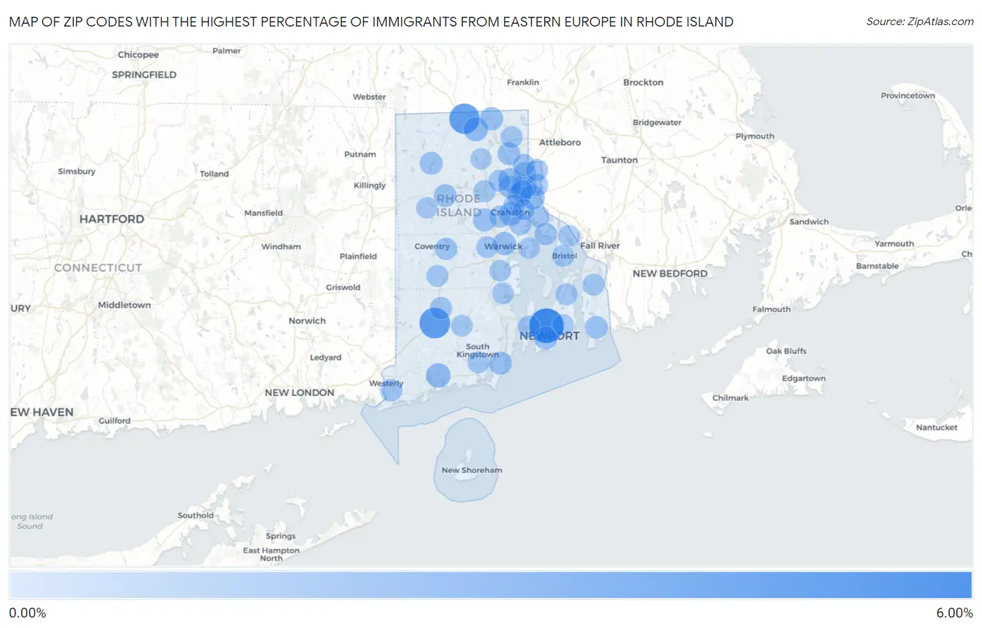 Zip Codes with the Highest Percentage of Immigrants from Eastern Europe in Rhode Island Map