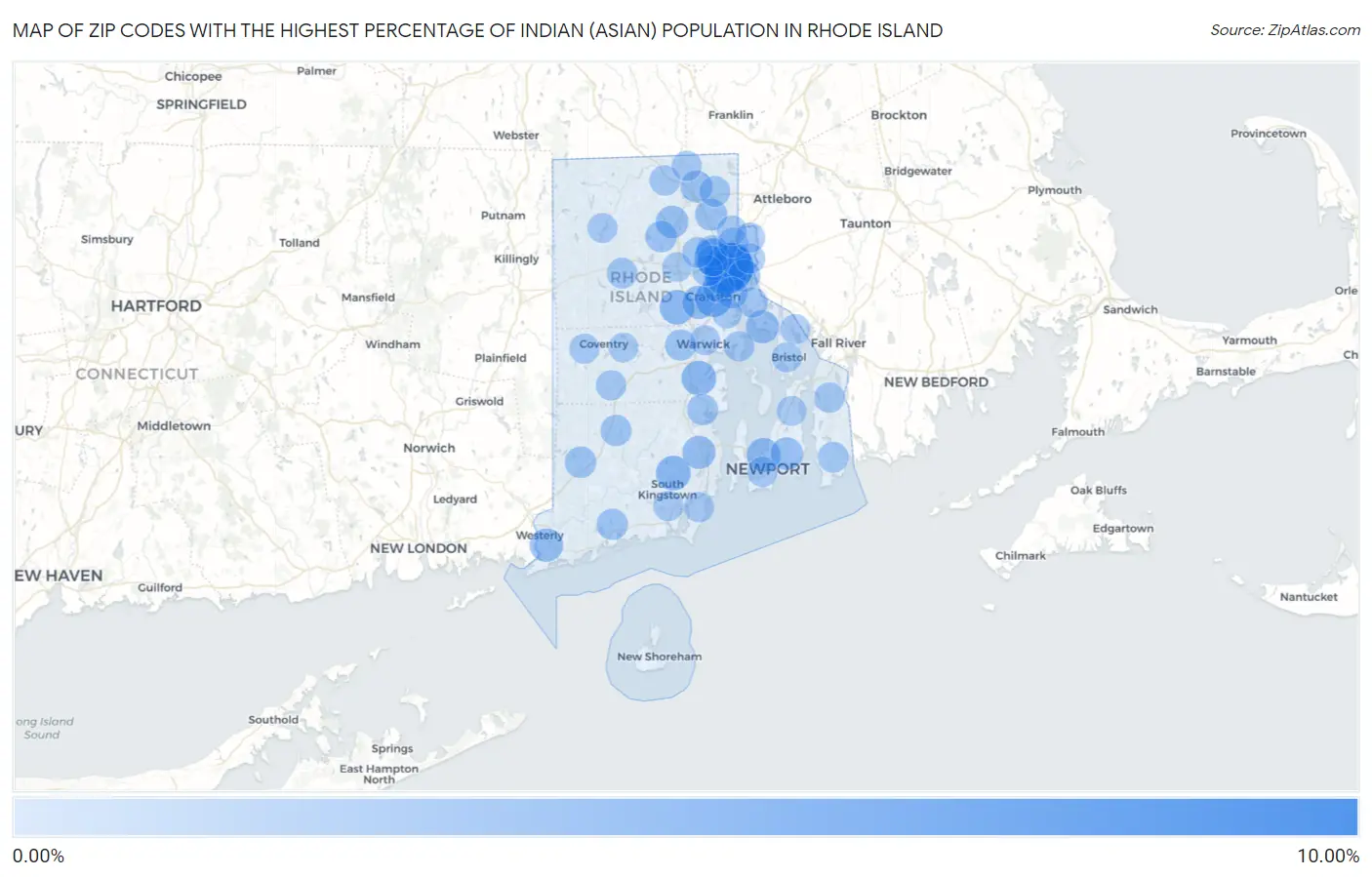 Zip Codes with the Highest Percentage of Indian (Asian) Population in Rhode Island Map