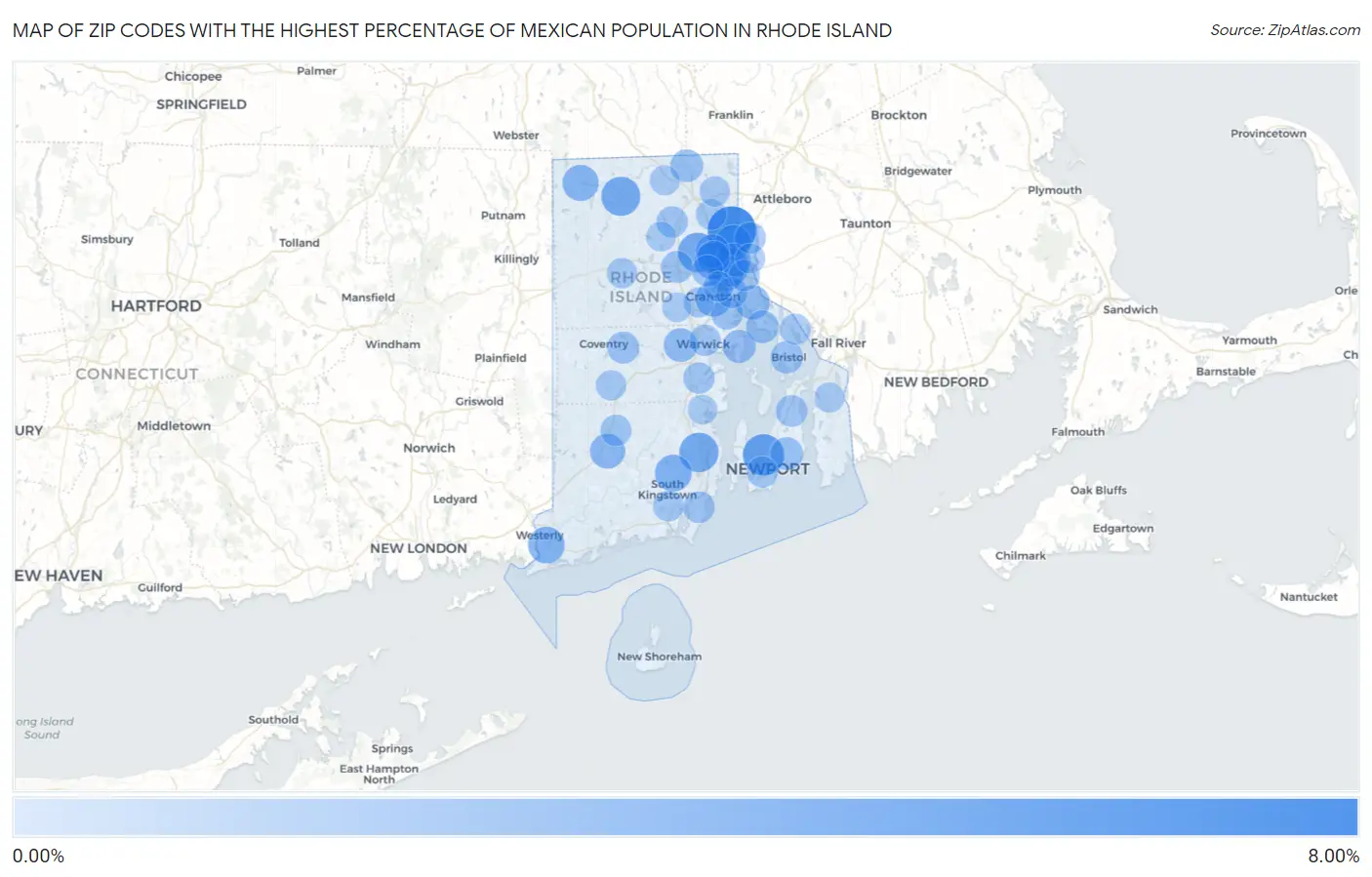 Zip Codes with the Highest Percentage of Mexican Population in Rhode Island Map