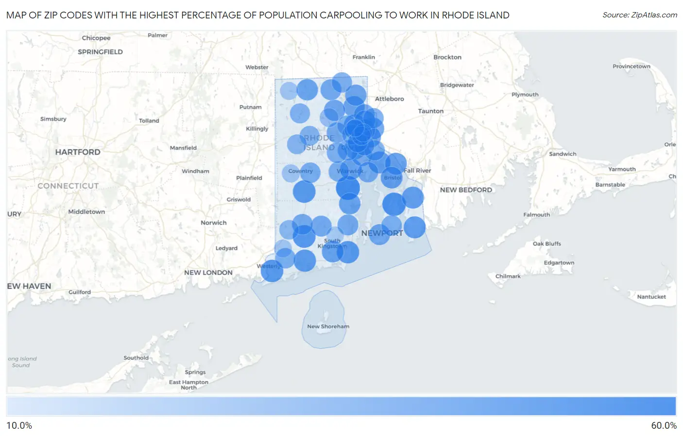 Zip Codes with the Highest Percentage of Population Carpooling to Work in Rhode Island Map