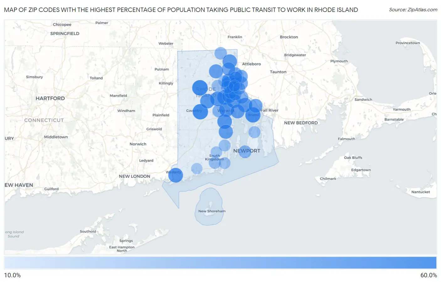 Zip Codes with the Highest Percentage of Population Taking Public Transit to Work in Rhode Island Map
