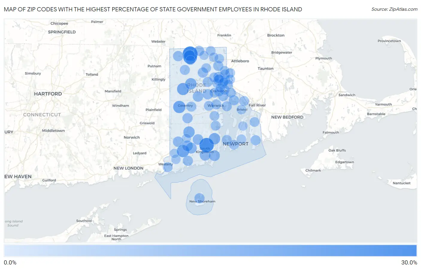 Zip Codes with the Highest Percentage of State Government Employees in Rhode Island Map